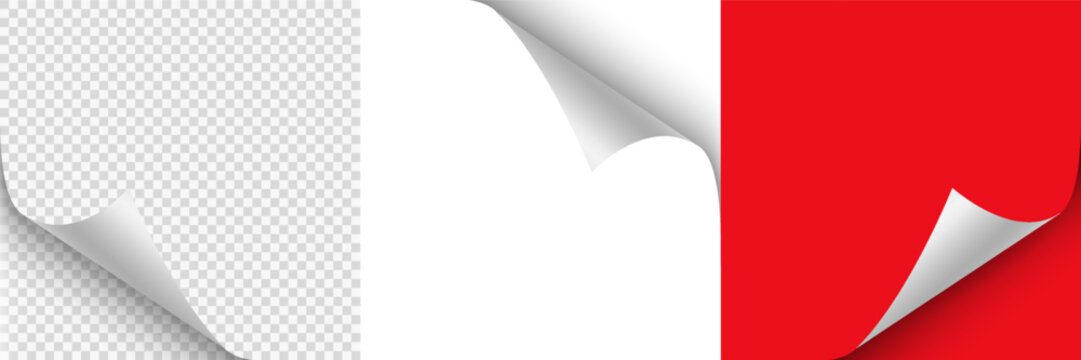 Blank page with curled edge corner and shadow, rolled up stickers set, peel banners, bent sheet, page curl sheet, curled page corner isolated