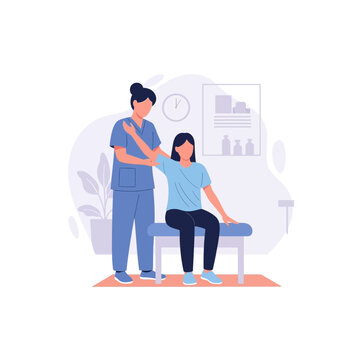Physical therapist assisting a patient with arm rehabilitation in a clinic setting.