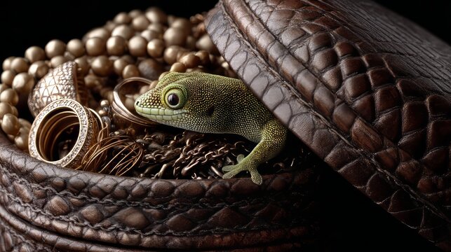 Jewelry Box Display with Tangled Chains, Rings, and a Gecko Lizard Inside