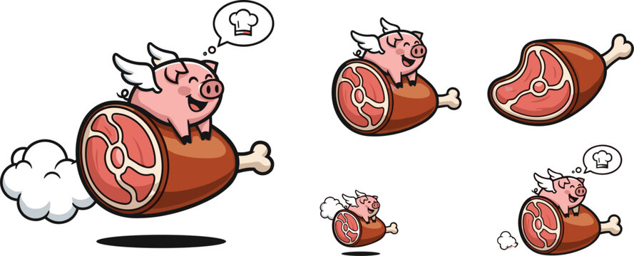 Cartoon Flying Pig with Wings and Ham, Dreaming of Cooking, for Fun and Whimsical Food-Themed Illustrations