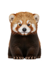 Obraz premium Centered, hyper-photorealistic juvenile red panda cub infant sitting still, detailed rusty fur coat and large dark eyes, isolated on a stark white high-key backdrop with rim light, concept of infant
