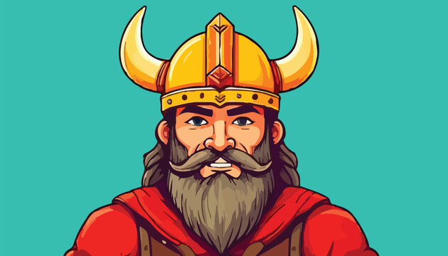 Cartoon Viking Warrior with Horned Helmet and Bushy Beard.
