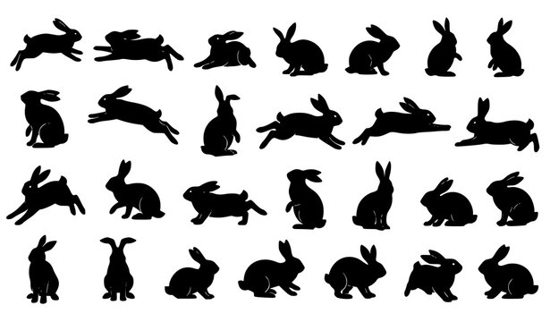 Rabbit silhouettes vector set with bunny animals in dynamic poses isolated on white background