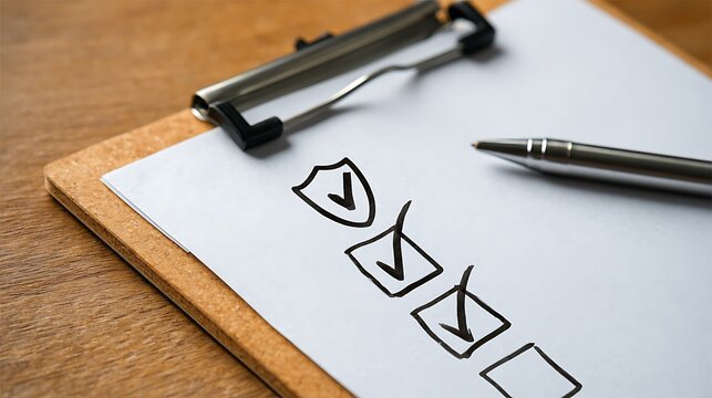 Clipboard with checklist and pen on wooden desk paper