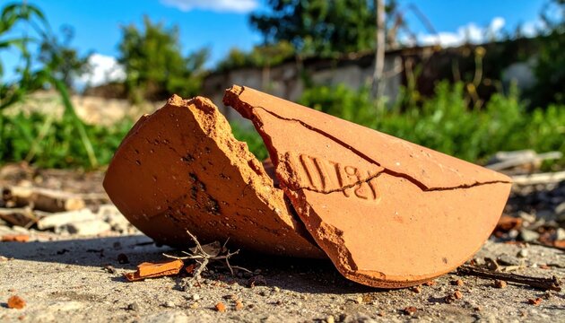 A Broken Terracotta Pot Shard with Dried Soil Remnants Outdoors