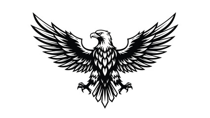 Obraz premium Striking black and white illustration of an eagle with its wings spread in a majestic pose, ideal for a logo or powerful brand symbol.