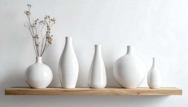 Minimalist arrangement of white ceramic vases on a wooden shelf against a white wall