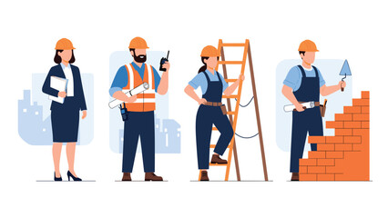 Obraz premium Group of construction professionals including architects and builders stand together wearing safety gear and bright orange hard hats.