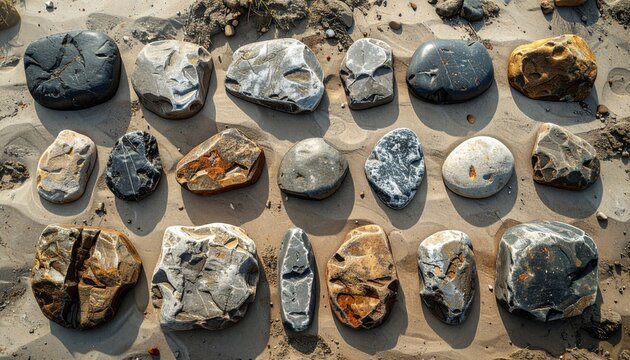 A collection of smooth, weathered stones with diverse textures and colors arranged on sandy ground