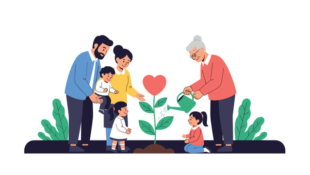Loving multi generational family works together to plant and water a heart shaped tree symbolizing growth, legacy, and togetherness.