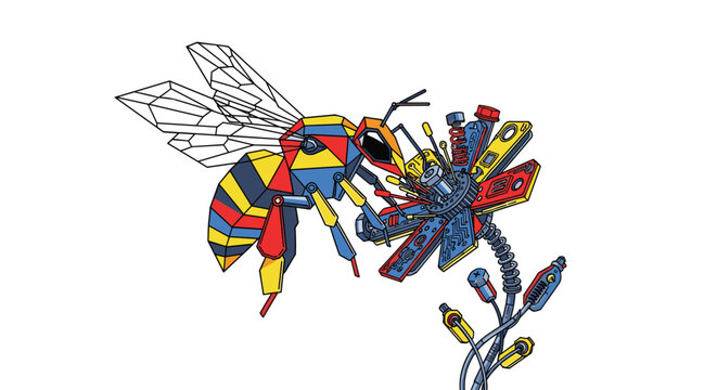 A complex, geometric honeybee made of colorful polygons pollinates a mechanical flower built from industrial parts in a clean, artistic, and modern style.