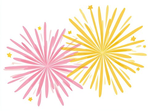 Watercolor-style fireworks in pink and yellow, with stars on a white background