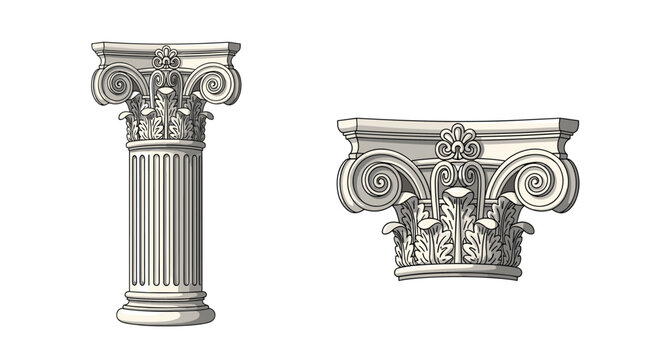 Two detailed illustrations of classical architectural column capitals of the ionic order for history, architecture, and design projects.