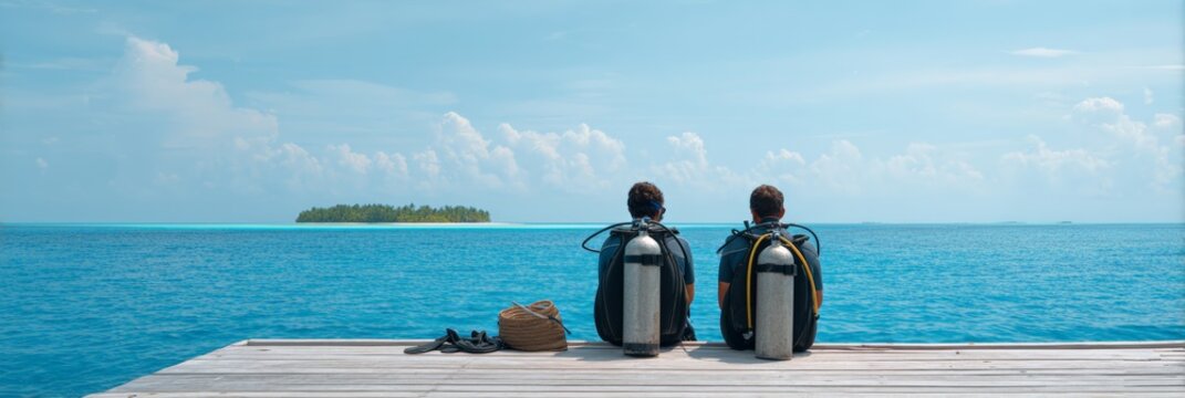 Scuba divers resting on wooden pier, overlooking pristine tropical island after exploring vibrant turquoise underwater landscape