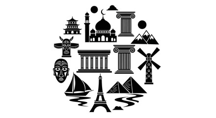 Fototapeta premium Black and white illustration landmarks world travel.