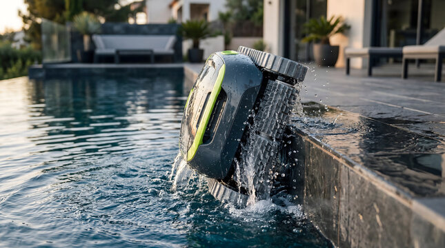 Robotic pool cleaner emerging from swimming pool water