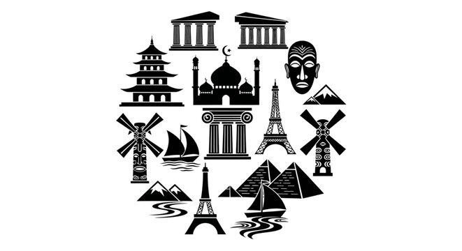 Black silhouette icons of famous landmarks.