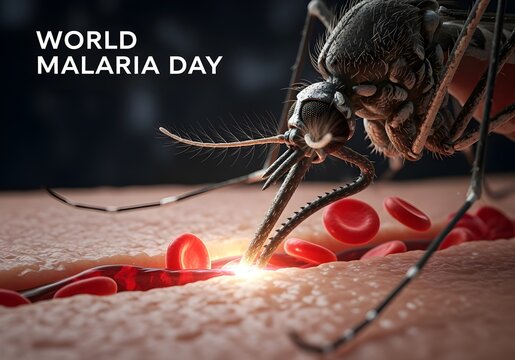 World Malaria Day Concept &ndash; Extreme Macro Mosquito Bite on Human Skin with Blood Cells, Malaria Transmission Illustration. 