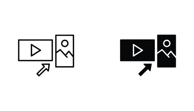 Video upload or media import icon set showing file with arrow pointing to mountain landscape image in vector design
