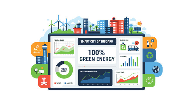 A comprehensive digital smart city dashboard displays real-time green energy metrics against a vibrant urban skyline featuring modern solar panel arrays.