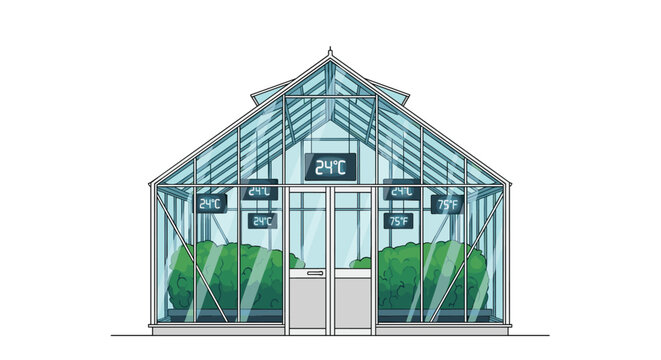 A sleek modern glass greenhouse maintains precise climate control with multiple digital temperature monitors inside a bright and airy botanical facility.