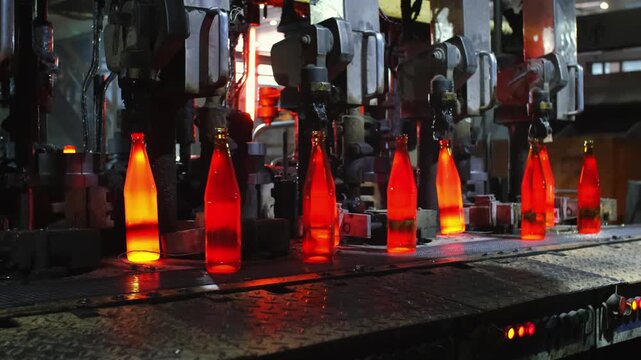 Glass factory, production of glass containers. Molten glass is blown into molds. Robotics in industry. Modern technologies, robotic machines produce products. Technological work at the plant.