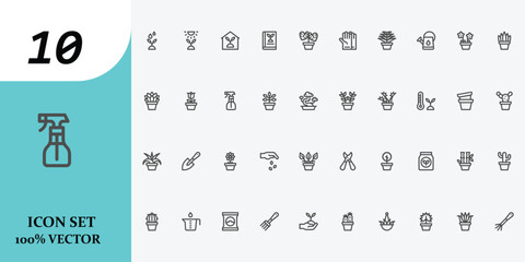 Gardening and Houseplant Line Icons Set: Indoor Plants, Flowers, and Garden Tools Symbols. © MDRABBIR