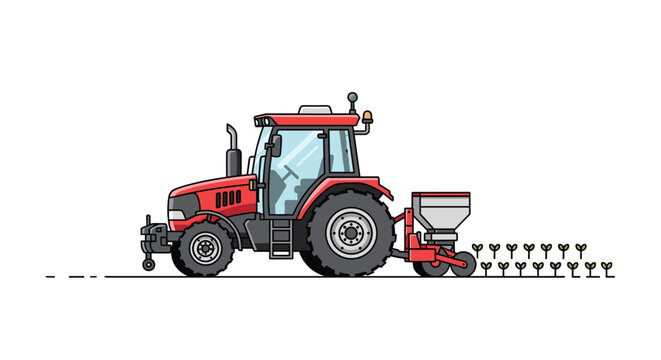 A red autonomous tractor pulls a specialized planting attachment across the field while small green sprouts emerge from the dark brown soil rows.