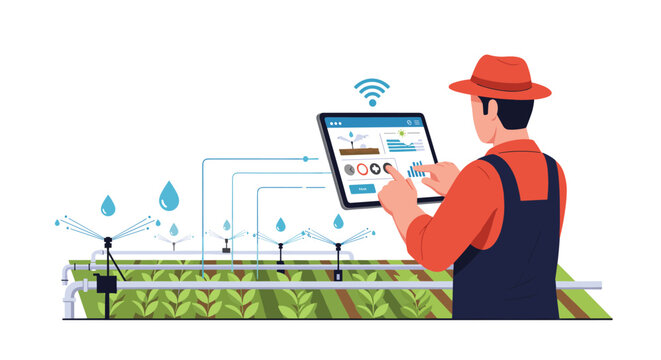An orange-clad farmer observes precise irrigation pipe diagrams and water drop icons on a tablet screen while standing beside a lush, cultivated crop field.
