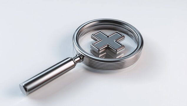 Magnifying glass over metallic "X" symbol on white background