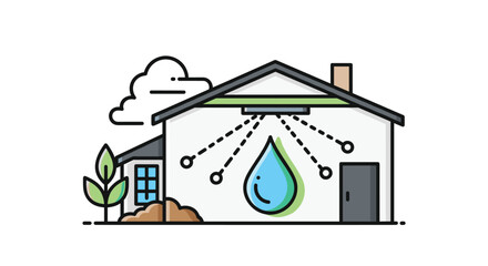 Naklejka premium A minimalist line art illustration depicts a modern house with a central water drop icon and radiating sensor lines indicating advanced climate management.