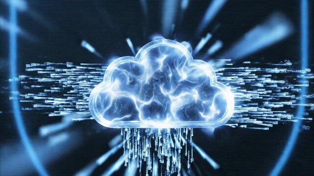 Digital cloud icon surrounded by a protective shield, showcasing a dynamic flow of data streams and binary code in a high-tech visual representation of cybersecurity