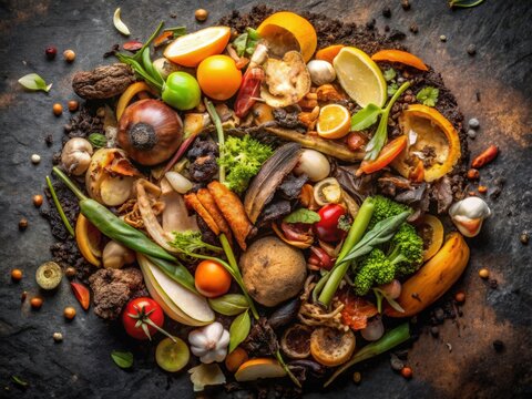 Colorful assortment of vegetable peels, fruit rinds, stems, and organic scraps arranged on dark surface, symbolizing compost, sustainability, food waste awareness, and ecology