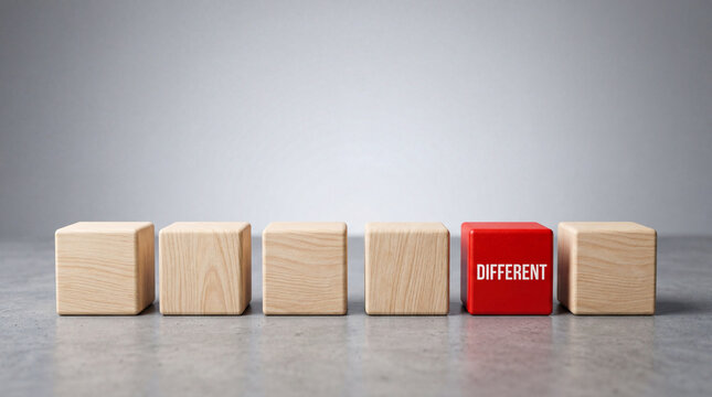 A red cube stands out from a row of wooden cubes on a gray surface