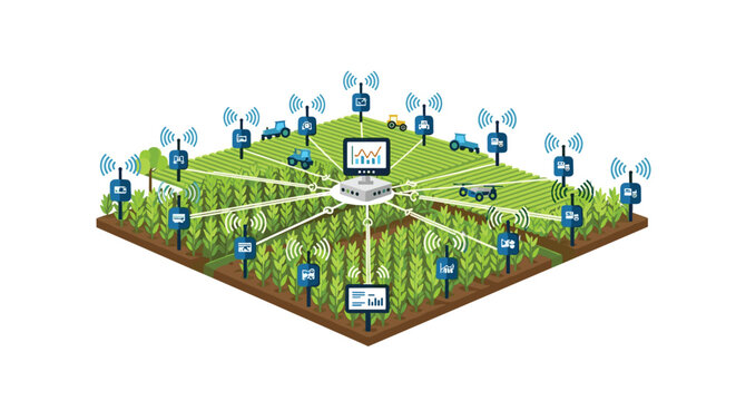 An isometric view of a lush green field shows multiple sensor poles connected to a central computer monitor via clean white lines for data collection.