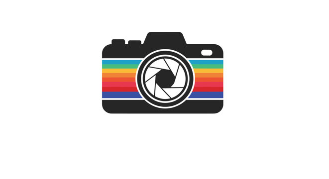 Modern photography logo featuring a black camera silhouette with a spectrum of colorful stripes across the center.