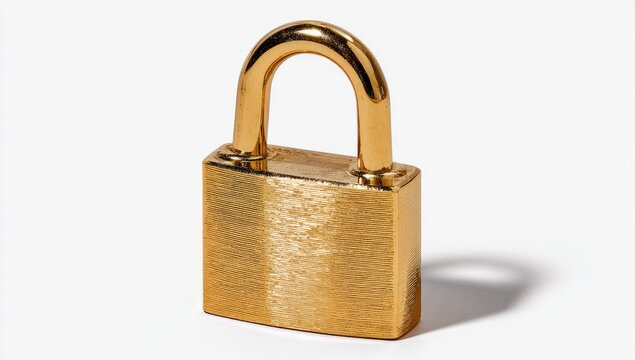 Gleaming golden padlock secured on a white background, casting a soft shadow