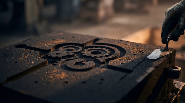 Worker hand shaping sand mold for metal casting