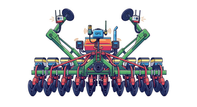 A vibrant precision seeding machine features advanced GPS antennas and multiple rotating planting discs within a clean, bright, and modern agricultural field.