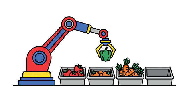 The colorful automated robotic arm efficiently sorts fresh green peppers into designated storage bins within a high-tech agricultural produce facility.