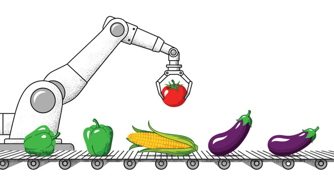 A precise grey robotic arm carefully selects a vibrant red tomato from an automated conveyor belt carrying various fresh vegetables in a modern facility.