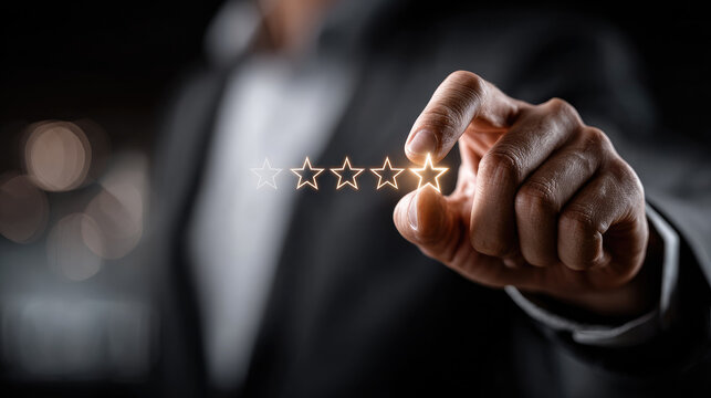 Hand placing the final golden star on a marble table, achieving five star rating, symbolizing peak quality, outstanding service, and excellent customer experience in a luxury setting