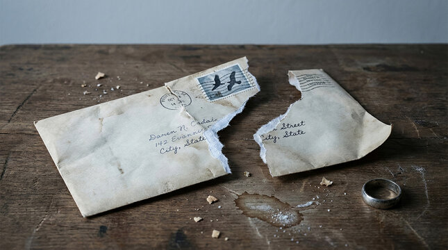 torn open envelope with ring and scattered crumbs on wooden table.