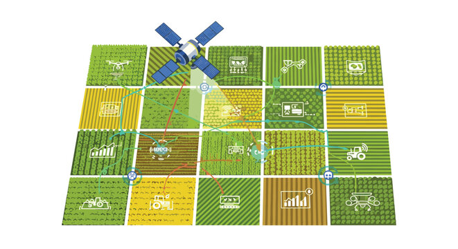 A high-tech satellite orbits above a segmented grid of lush agricultural fields while transmitting vital data through glowing lines to various farm icons.