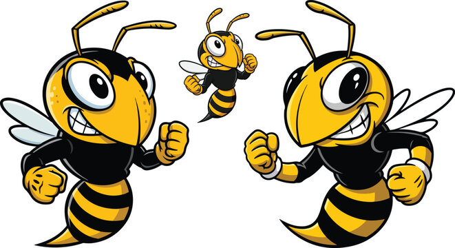 Aggressive hornet mascot character set, angry yellow jacket wasp vector illustration, fierce bee sports team logo icons with clenched fists