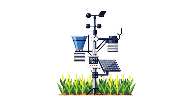 This smart weather station features a solar panel and blue rain gauge, standing amidst a lush green corn field to provide precise climate monitoring.