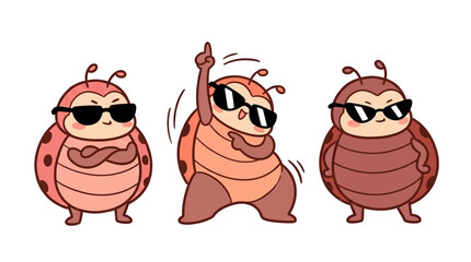 Three cartoon ladybugs wearing sunglasses dancing. © Logo