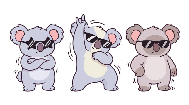 Three cartoon koalas wearing sunglasses dancing.