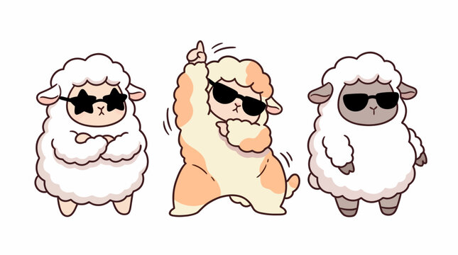 Three cartoon sheep wearing sunglasses dancing.