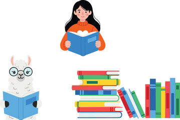 Cute Reading Vector Set with Girl Holding Book Funny Llama Wearing Glasses and Colorful Book Stack for Education Library Design © mstLilima